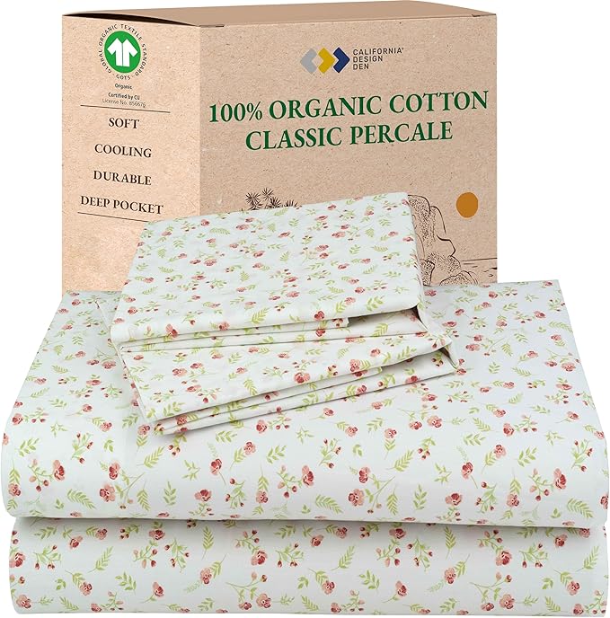 California Design Den King Floral Sheet Set, 100% Organic Cotton Percale Sheets by CaliforniaDesignDen