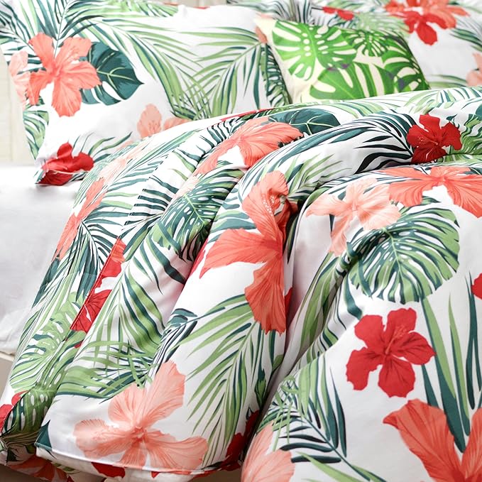FADFAY Hawaiian Style Red Hibiscus Palm Leaves Tropical Duvet Cover Set Summer - Image 3
