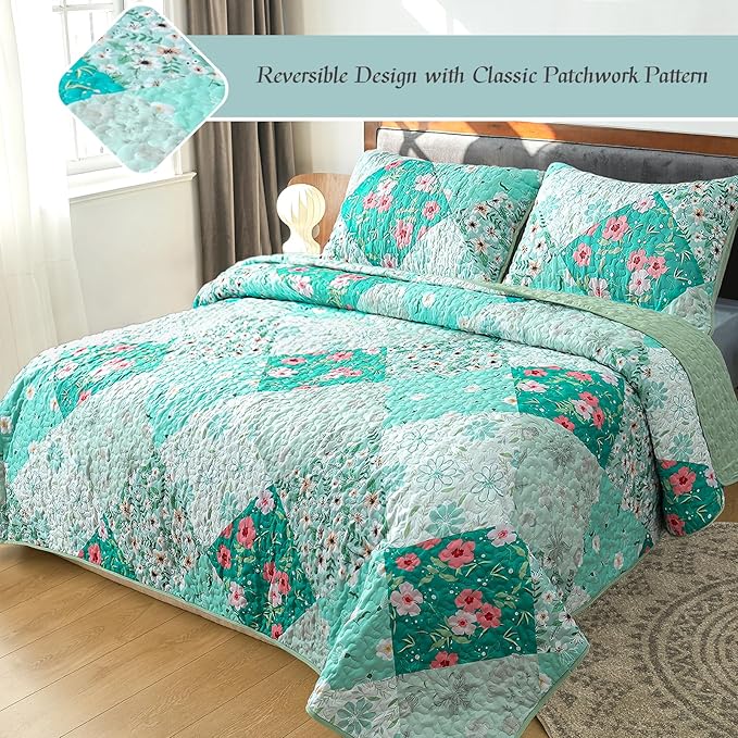 Whale Flotilla Patchwork Quilt King Size, Extra Soft Boho Floral Bedspreads - Image 2