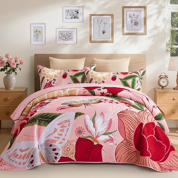 Tyrot 3 Piece Pink Boho Floral Californial King Quilt Sets Farmhouse Botanical by TyrotHomeDecor
