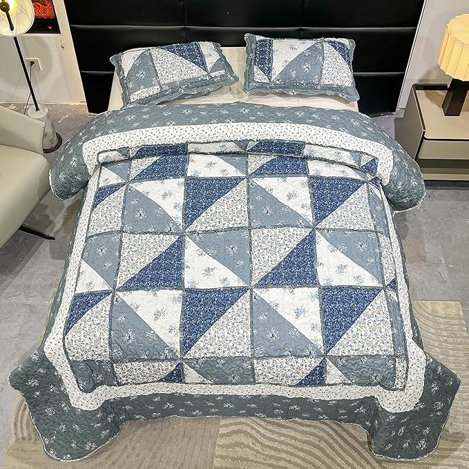 Full Queen Size Patchwork Quilt Set Grey Floral Reversible Quilted Bedspread - Image 5