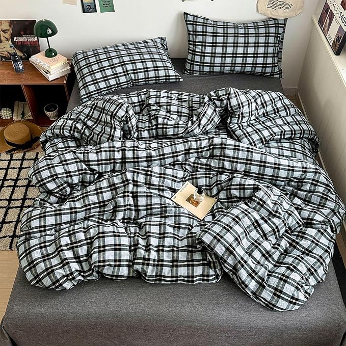 mixinni Vintage Grey & Pale Blue Buffalo Plaid Duvet Cover Set Twin Size - Image 2