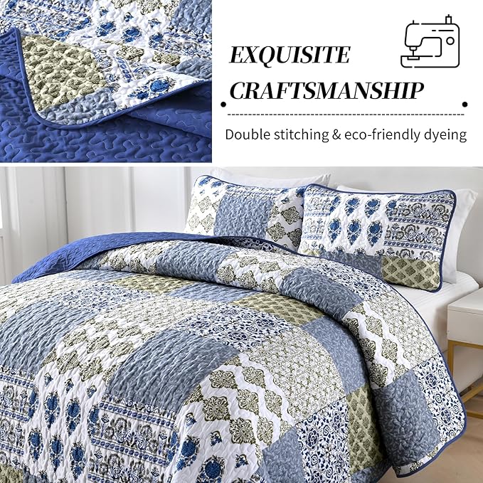 Mybedsoul Blue Quilt Set King Size 3 Pieces Boho Plaid Aqua Blue Floral - Image 3