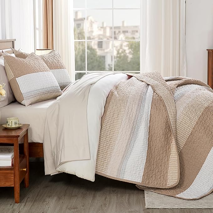 Andency Taupe Striped Quilt Set Cal King, 3 Pieces Patchwork Bedspread Coverlet - Image 2