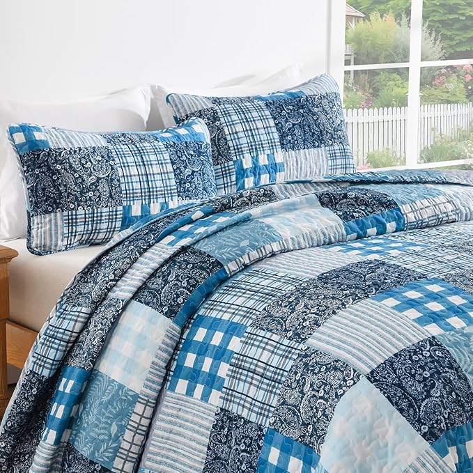 Xruibed Blue Quilt Set King Size 3 Pieces Plaid Floral Boho Bedspread Coverlet - Image 5