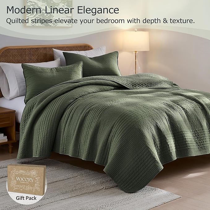 palassio Striped Olive Green 100% Cotton Quilt Twin Size Bedding Sets, - Image 2