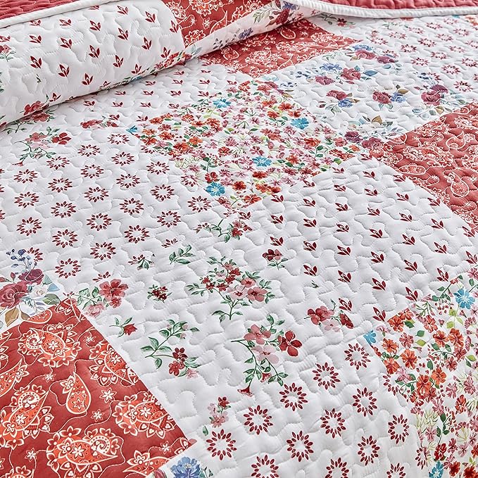 Joyreap 2 Pieces Floral Patchwork Quilt Set Twin, Burgundy Red n White Flowers - Image 7