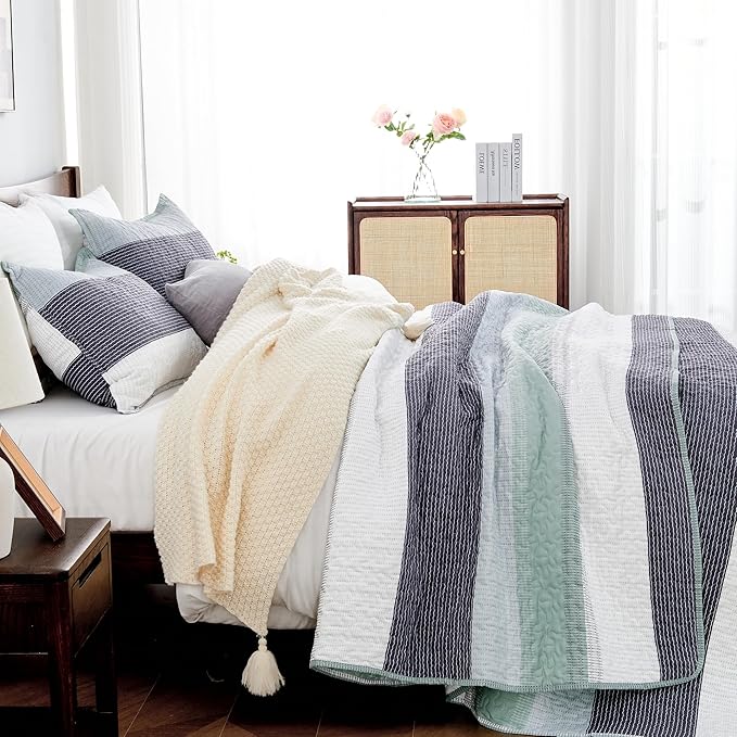 Andency Oversized King Quilt Set Sage Green, 128x120 Stripe Bedspread Coverlet - Image 2