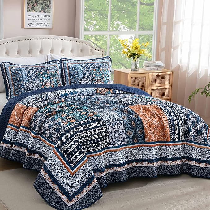 WONGS BEDDING Navy Blue Quilt Set King Size, Bohemian Patchwork Bedspread - Image 2