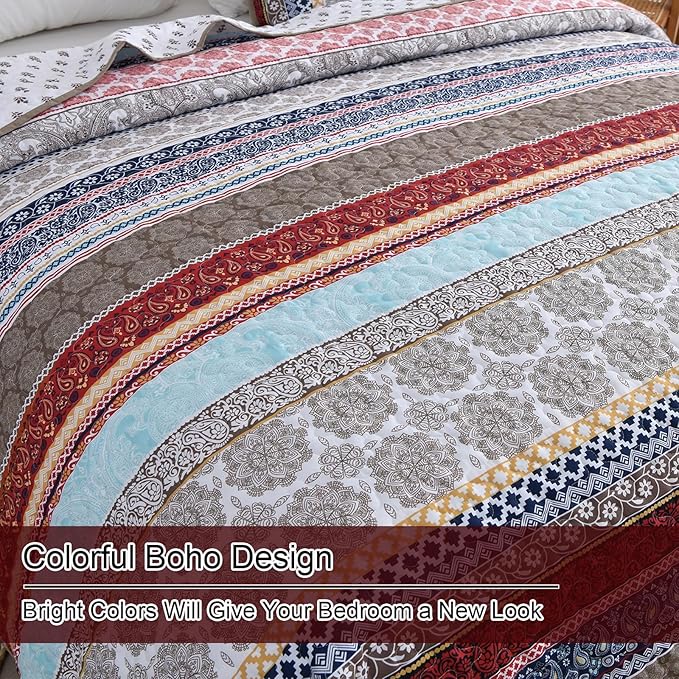 WONGS BEDDING Boho Quilt Set King Size, Lightweight Microfiber Bedspread - Image 6