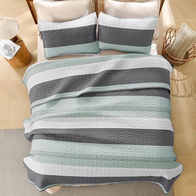 Litanika Oversized King Quilt Set Sage Green, 128x120 Stripe Bedspread Coverlet - Image 3