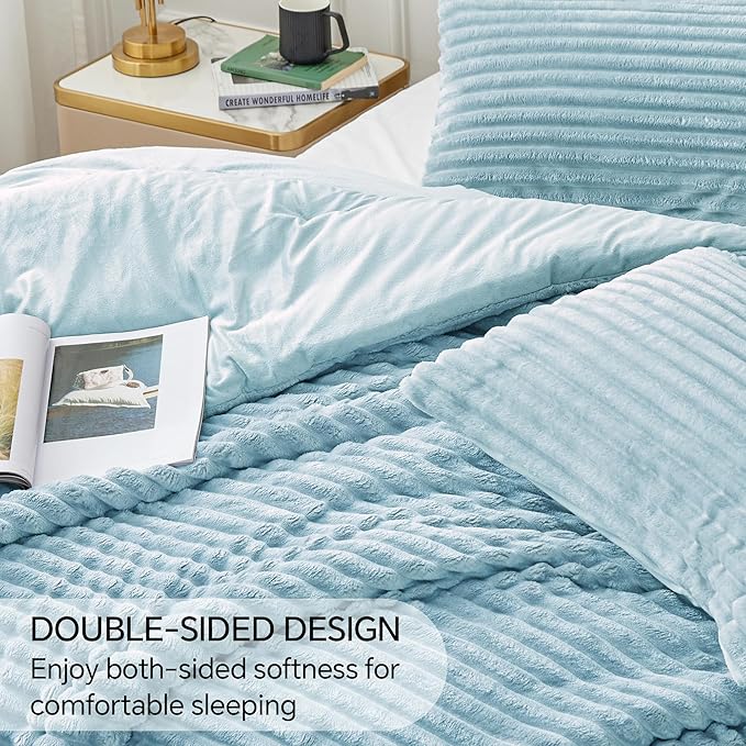 BEDELITE Fleece Full Comforter Set -Super Soft & Warm Fluffy Light Blue Bedding - Image 4