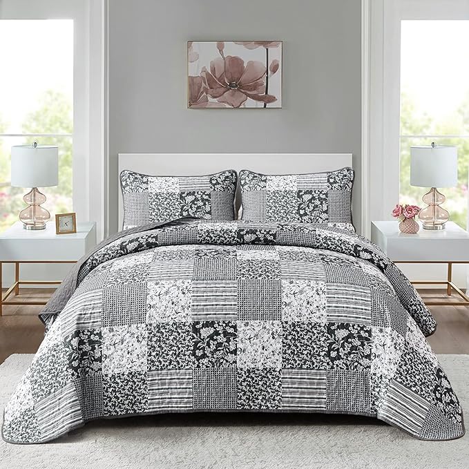 Mybedsoul Black Grey Boho Quilt Set King Size, 3 Pieces Plaid Floral Bedspread by Mybedsoul