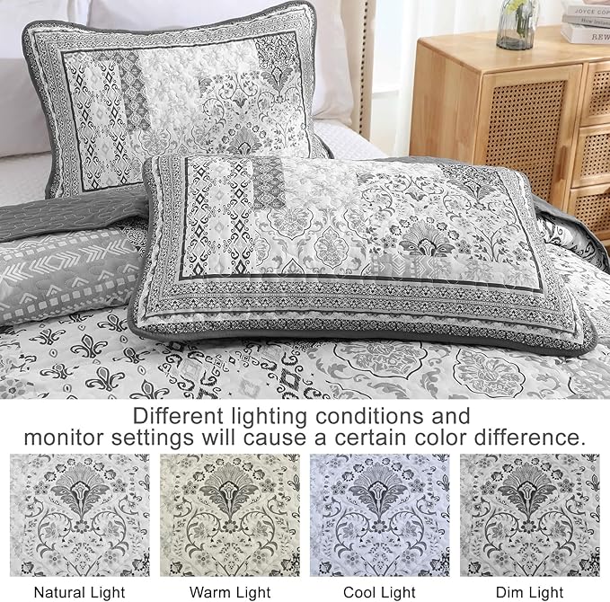 WONGS BEDDING Grey Quilt Set Queen Size, Bohemian Patchwork Bedspread Coverlet - Image 5