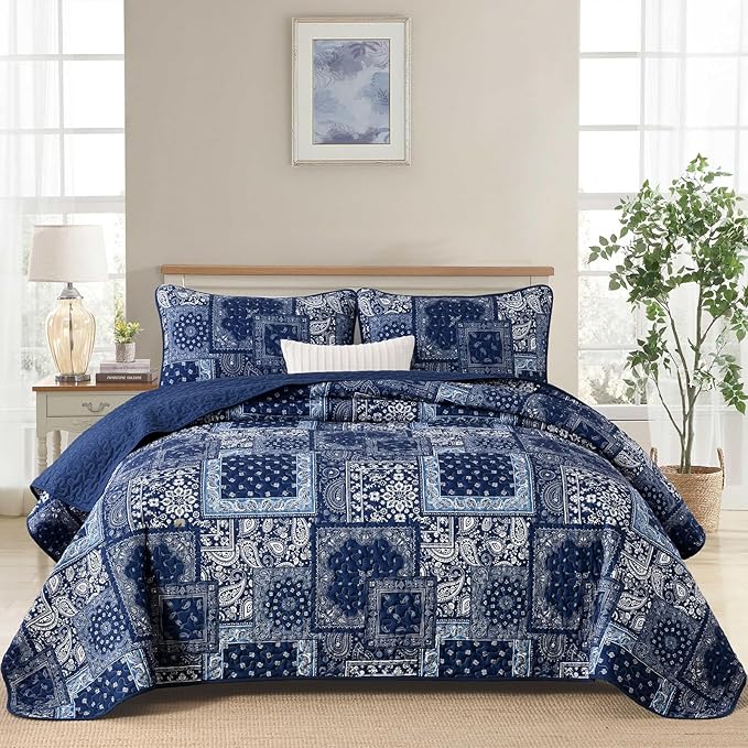 Cottolester Full Quilt Set 3 Pieces, Boho Farmhouse Bedspread Soft Microfiber by Cottolester