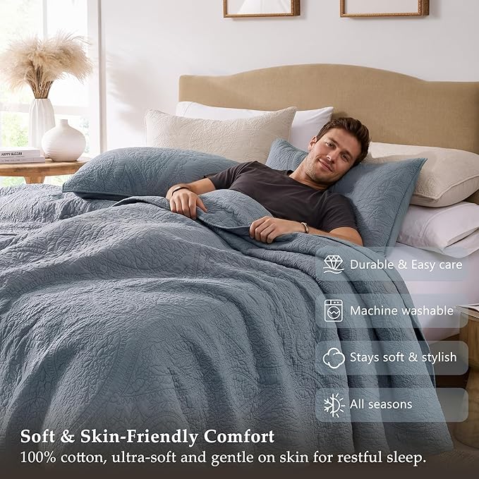 PALASSIO Dusty Blue Paisley 100% Cotton Quilt King Size Bedding Sets - Image 5