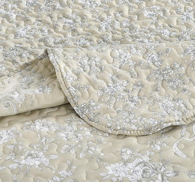 Brilliant Sunshine Classic Grey Floral Toile in Beige Background, 3-Piece Quilt - Image 6