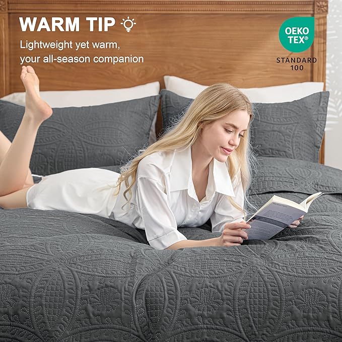 Love's cabin California King Size Quilt Bedding Set Dark Grey Bedspreads - Image 4