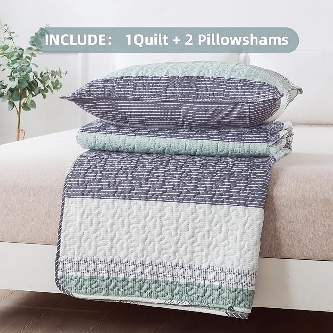 Andency Oversized King Quilt Set Sage Green, 128x120 Stripe Bedspread Coverlet - Image 7