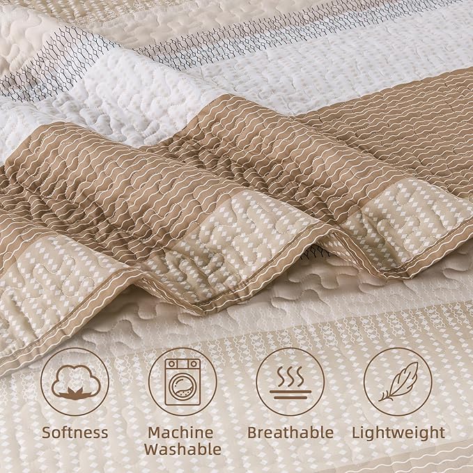 Andency Taupe Striped Quilt Set Cal King, 3 Pieces Patchwork Bedspread Coverlet - Image 5