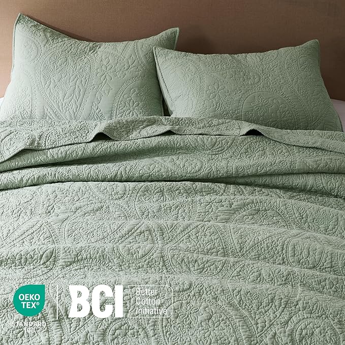 palassio Sage Green Paisley 100% Cotton Quilt Twin Size Bedding Sets - Image 3