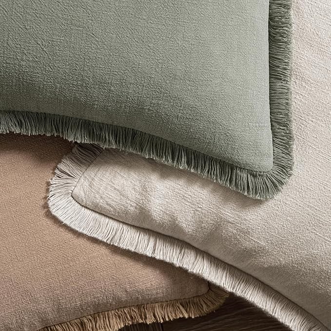 MIULEE Decorative Throw Pillow Covers Neutral Linen Fringe Throw Pillows Euro - Image 4