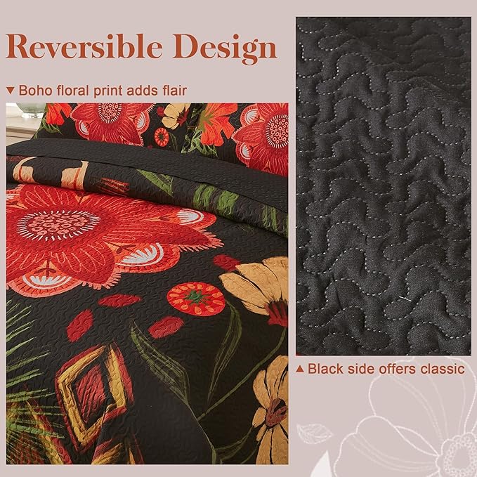 Tyrot 3 Piece Black Red Boho Floral Quilt Sets Full/Queen Farmhouse Reversible - Image 3