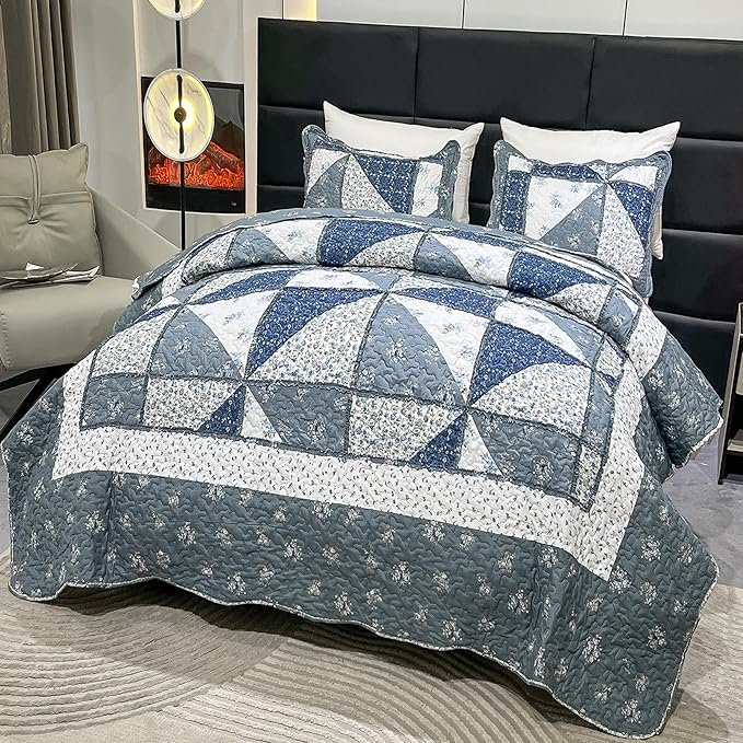 Patchwork Quilt Set King Size Quilted Bedspread Coverlet Set 3-Piece Grey - Image 3