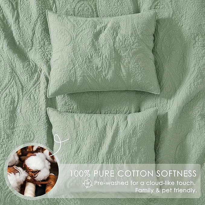 palassio Sage Green Paisley 100% Cotton Quilt Twin Size Bedding Sets - Image 4