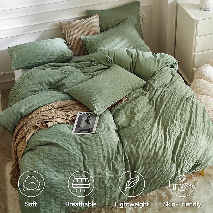 JELLYMONI Dark Green Duvet Cover Queen Size, Soft Breathable Seersucker Duvet - Image 2
