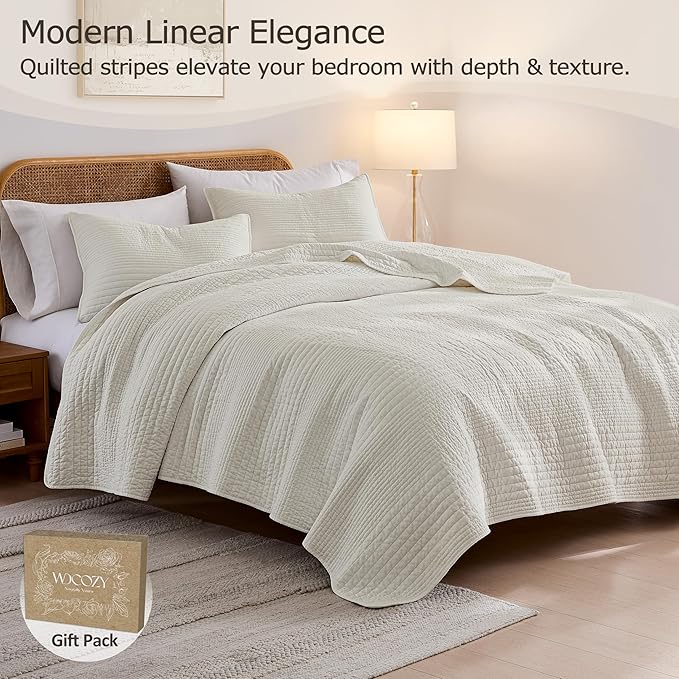 palassio Striped Beige 100% Cotton Quilt Queen Size Bedding Sets, Lightweight - Image 2