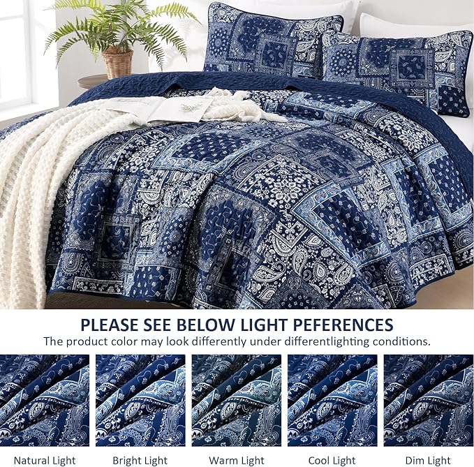 Cottolester Blue Patchwork Quilt Set Queen Size, Boho Navy Blue Quilt Set - Image 4