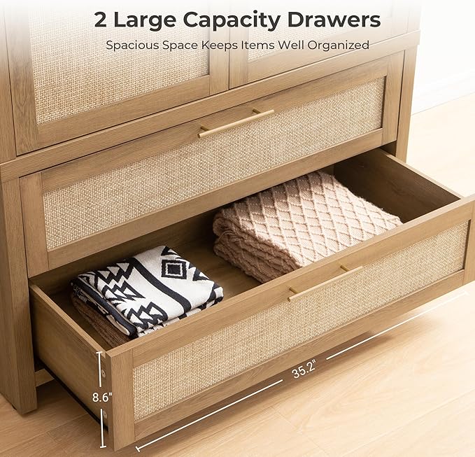 SICOTAS Rattan Armoire Wardrobe Closet Cabinet, 71" Tall Wardrobe Storage Cabinet with 2 Drawers and Hanging Rod, Boho Large-Capacity Deep Armoire Clothes Organizer for Bedroom, Cloak Room, Oak