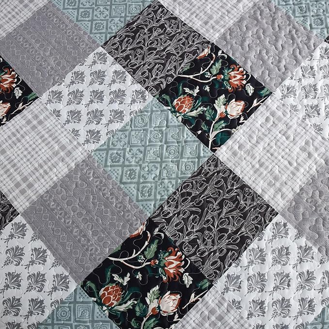 Xruibed Floral Plaid Patchwork Quilt Set King Size 3 Pieces Blue Gray Bedspread - Image 5