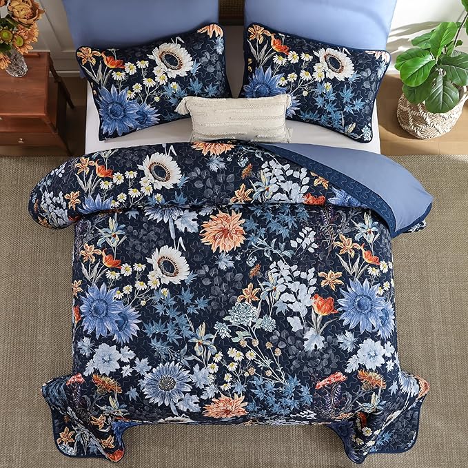 Yiran Navy Blue Sunflower Floral Quilt Set King Size, Botanical Colorful - Image 4