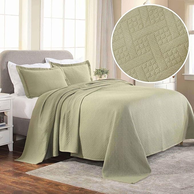 Superior 3 Piece Basketweave Cotton Bedspread Set, Home Bed Decor, Decorative Bed Spread, 2 Pillow Shams, Medium Weight Blanket, Matelasse Coverlet Bedding, Geometric Lattice Pattern, Queen, Sage