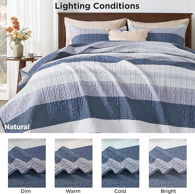 Andency Oversized King Quilt Bedding Set, 120x98Inch Mineral Blue Stripe - Image 9