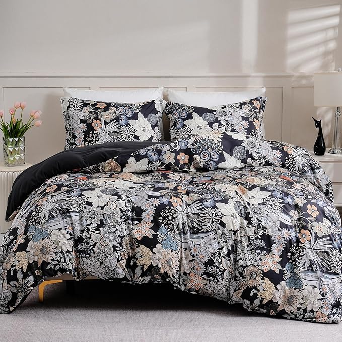 LONAVA King Flower 3 Pcs Duvet Cover Set, Breathable Soft Microfiber Black by LONAVA