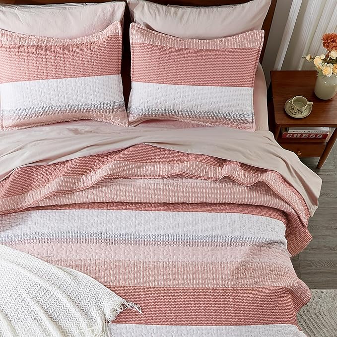 Andency Queen Quilt Bedding Set Blush Pink, 3 Pieces Patchwork Summer Striped - Image 8