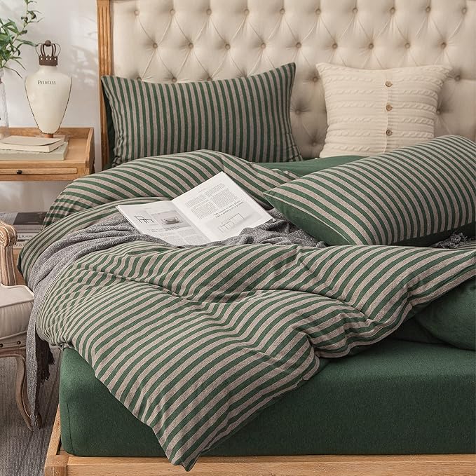 PURE ERA Forest Green Stripe Jersey Duvet Cover Set King Size 100% T-Shirt - Image 3