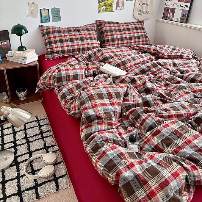 mixinni Vintage Red & Brown Buffalo Plaid Duvet Cover Set Queen Size - Image 5