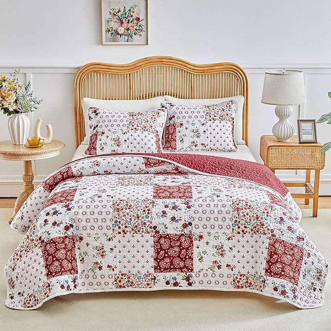 Joyreap 3 Pieces Floral Patchwork Quilt Set Twin, Burgundy Red n White Flowers by Joyreap