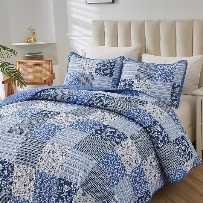 Mybedsoul Blue Boho Quilt Set Queen Size, 3 Pieces Plaid Floral Bedspread - Image 2