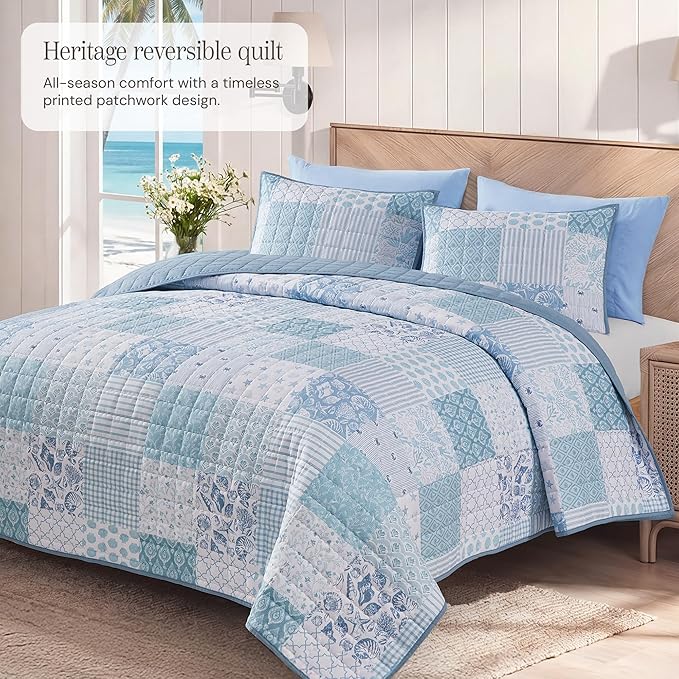 BLOOMHAVEN Quilt Set Queen Size, Patchwork Sea Blue Floral Quilt Sets, - Image 2