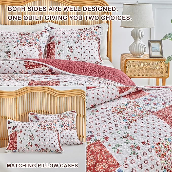 Joyreap 3 Pieces Quilt Set California King, 102x114 inches- Floral Patchwork - Image 5