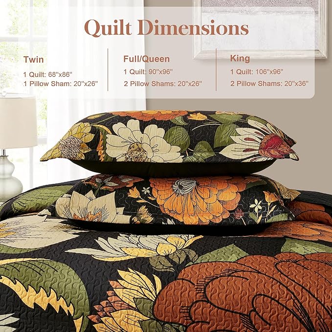 Tyrot 3 Piece Black Boho Floral King Size Quilt Sets Reversible Farmhouse - Image 6