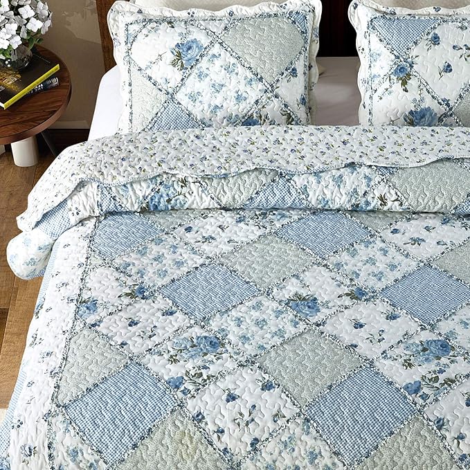 Oversized King Size Blue Floral Plaid Patchwork Quilt Set 128x120 Extra Wide - Image 4