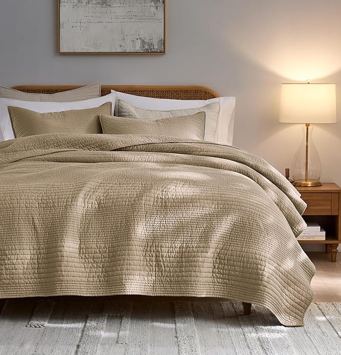 PALASSIO Striped Dark Beige 100% Cotton Quilt California Cal King Size Bedding by PALASSIO
