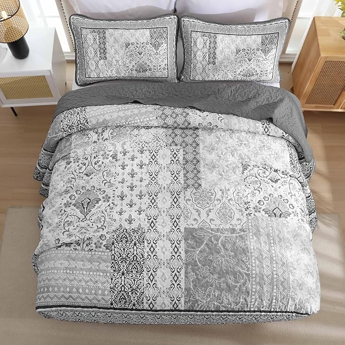 WONGS BEDDING Grey Quilt Set Queen Size, Bohemian Patchwork Bedspread Coverlet - Image 4