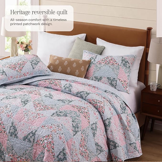 BLOOMHAVEN Quilt Set Twin Size, Patchwork Pink Floral Quilt Sets, Reversible - Image 2